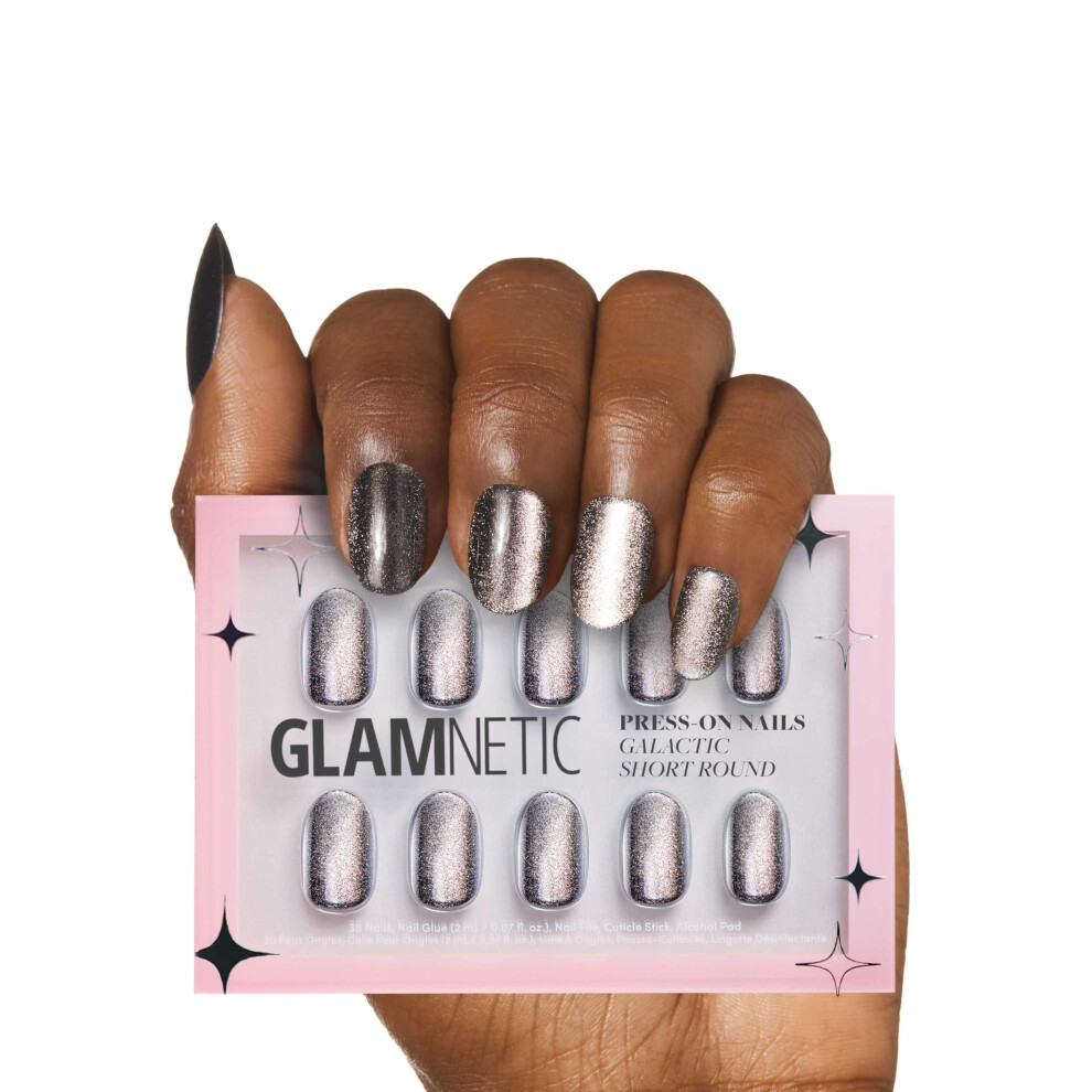 Glamnetic Press On Nails - Galactic | Short Round Shimmery Pewter Glittered Nails With A Glaze Finish | 12 Sizes - 30 Nail Kit With Glue