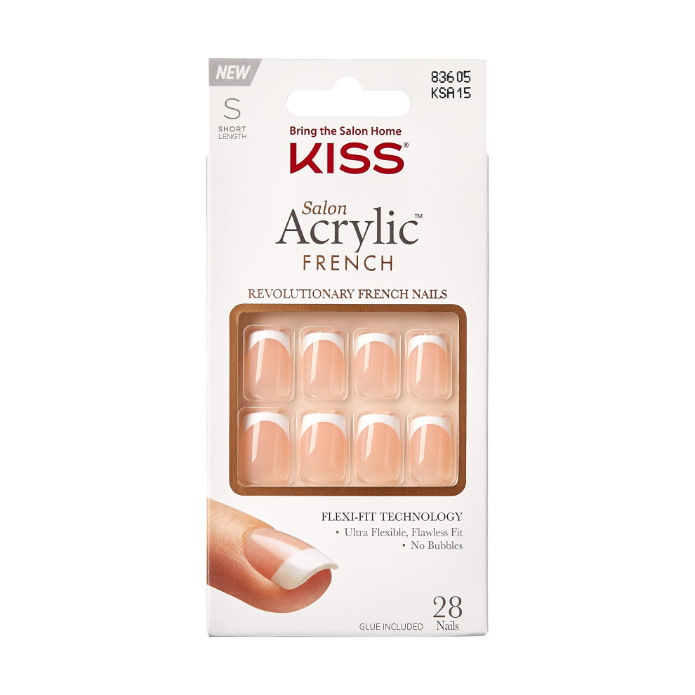 Kiss White Salon Acrylic Press On Nails, Nail Glue Included, 'Bonjour', Nude/, Short Size, Squoval Shape, Includes 28 Nails, 2G Glue, 1 Manicure Stick,