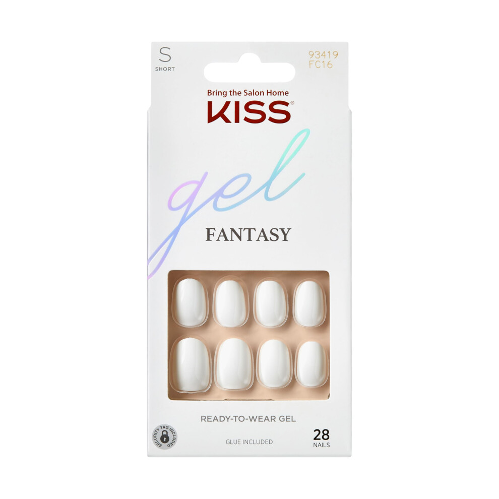 Kiss Gel Fantasy, Press-On Nails, Nail Glue Included, 'Happy Hands', White, Short Size, Oval Shape, Includes 28 Nails, 2G Glue, 1 Manicure Stick, 1 Mi