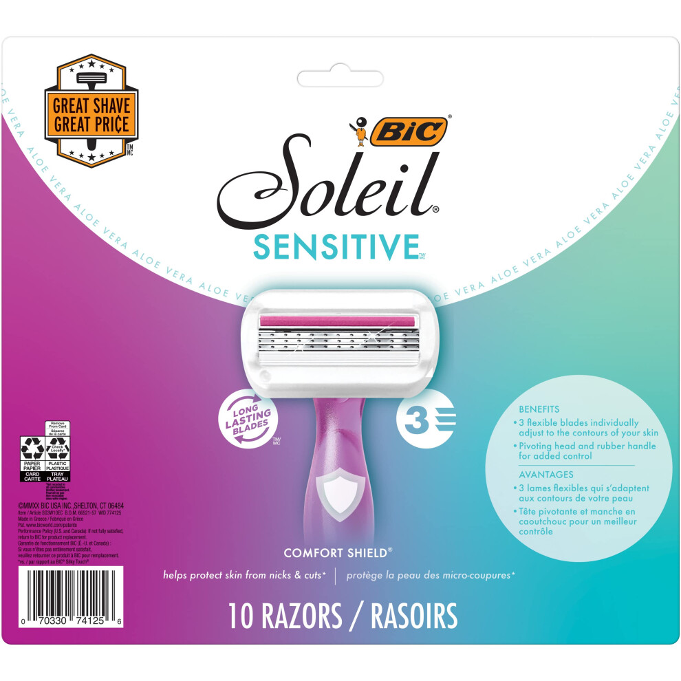 BIC Soleil Sensitive Womens Disposable Razors  3 Blades With Moisture Strip For a Silky Smooth Shave for women  10 Piece Razor