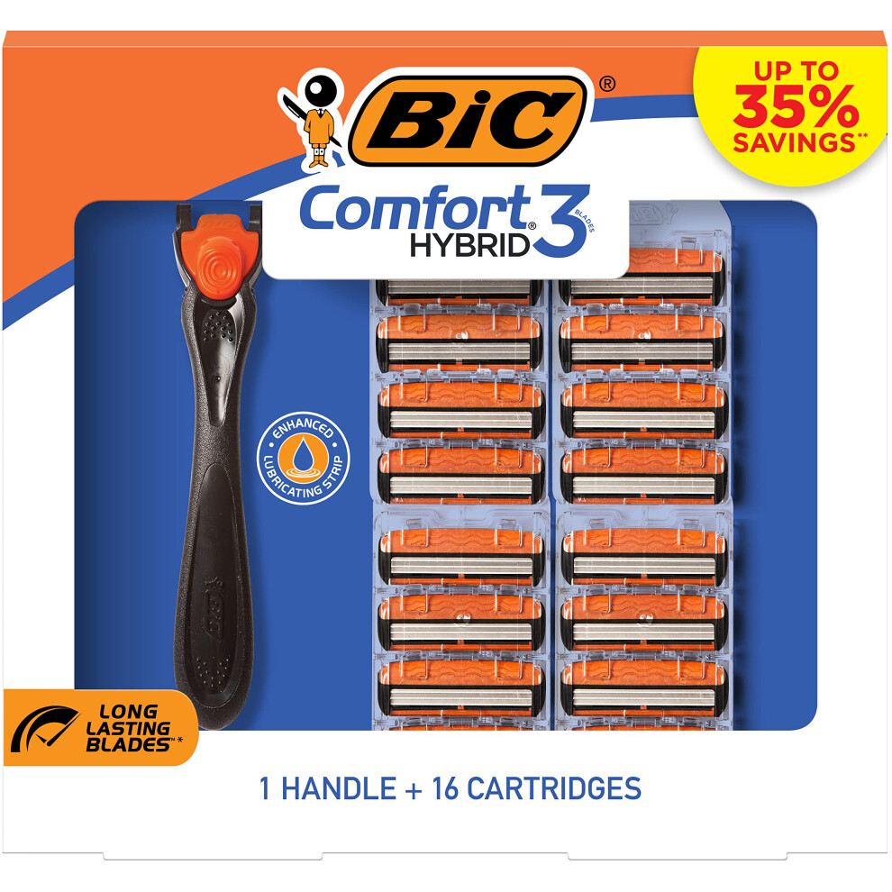 BIC Comfort 3 Hybrid Disposable Razors for Men  1 Handle and 16 Cartridges With 3 Blades  17 Piece Razor Kit for Men Orange