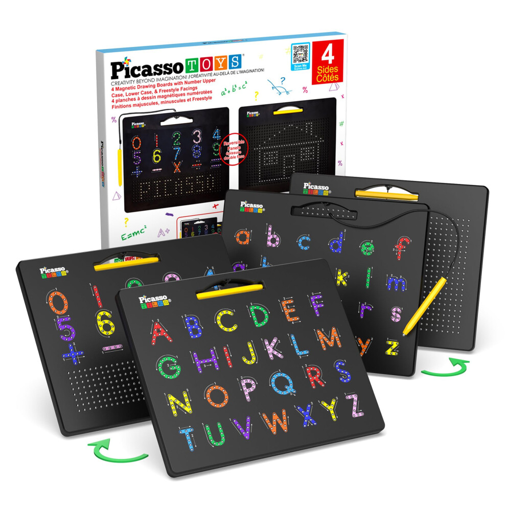 PicassoTiles 2PK 4in1 Magnetic Drawing Board 12x10 inch Large Magnet Tablet Pad with 4 Facings Lowercase  Uppercase Alphabets