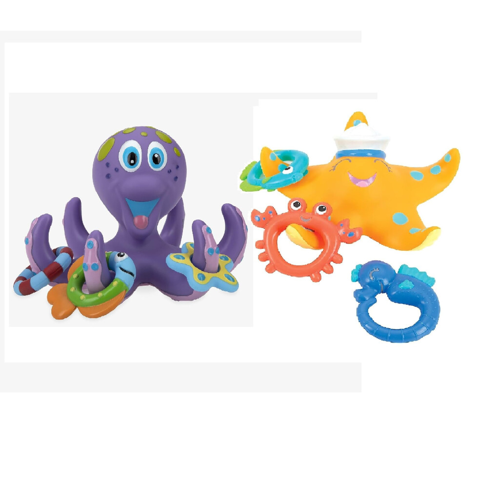 Nuby Floating Purple Octopus with 3 Hoopla Rings and Nuby Starfish Ring Toss Bath Toy with 3 Toss Rings