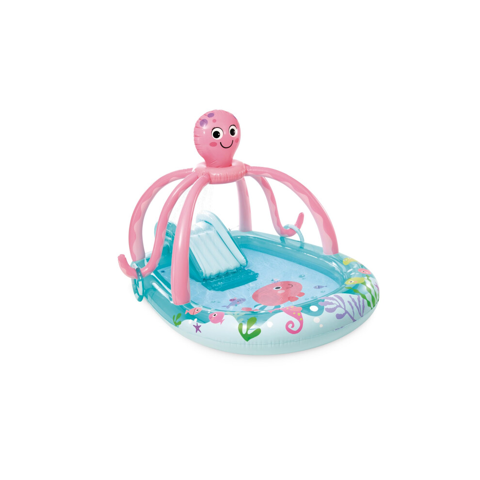 INTEX Friendly Octopus Inflatable Kiddie Pool Inflatable Kids Pool with Water Sprayer and Slide  Splash Pad  92 x 72 x 59