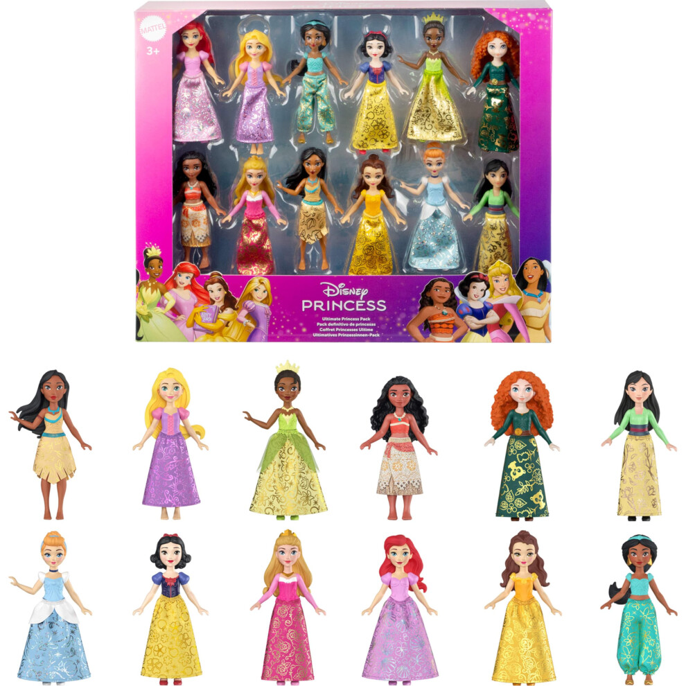 Mattel Disney Princess Toys  Ultimate Princess Pack with 12 Small Dolls  Posable with Sparkling Clothing Inspired by Disney Movi