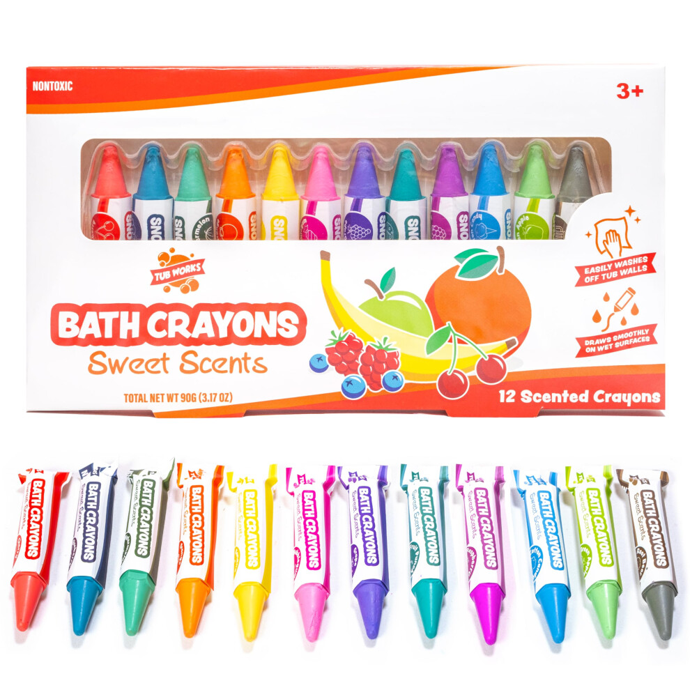 Tub Works Sweet Scents Smooth Bath Crayons Bath Toy  12 Pack  Nontoxic  Washable Bath Crayons for Toddlers  Kids  Unique Form