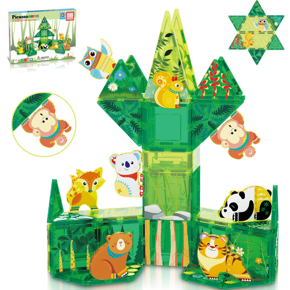 Photos - Construction Toy PicassoTiles Magnet Tile Building Blocks Forest Animal Theme Toy Set with 8 Character Action Figures Educational STEM Learni