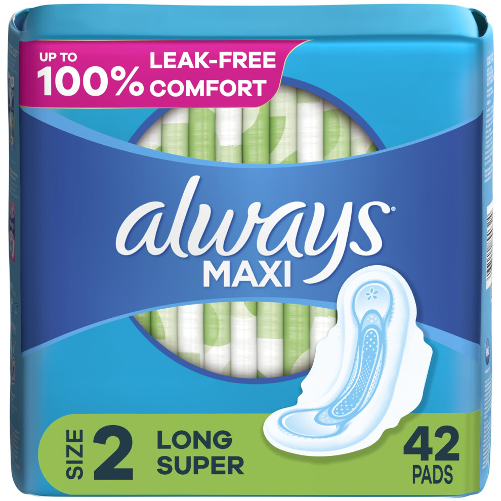 Always Maxi Feminine Pads for Women  Size 2 Long Super Absorbency  with Wings  Unscented  42 Count