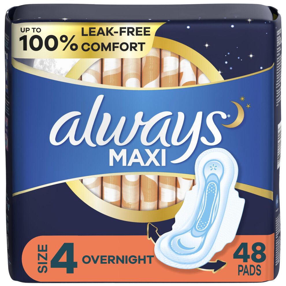 Always Maxi Feminine Pads for Women  Size 4 Overnight Absorbency  with Wings  Unscented  48 Count