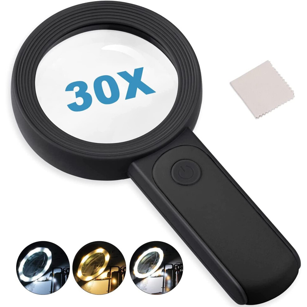 Nazano Magnifying Glass with 18 LED Lights  30X Handheld Large Magnifying Glass with 3 Modes  Illuminated Magnifier Glass for Se