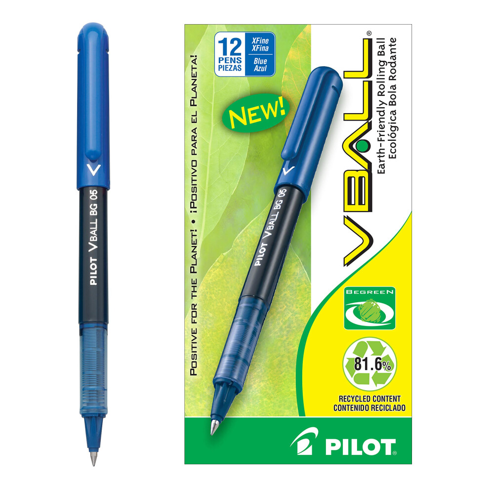 PILOT VBall BeGreen Liquid Ink Rolling Ball Stick Pens  Extra Fine Point  Blue Ink  12Pack 53207