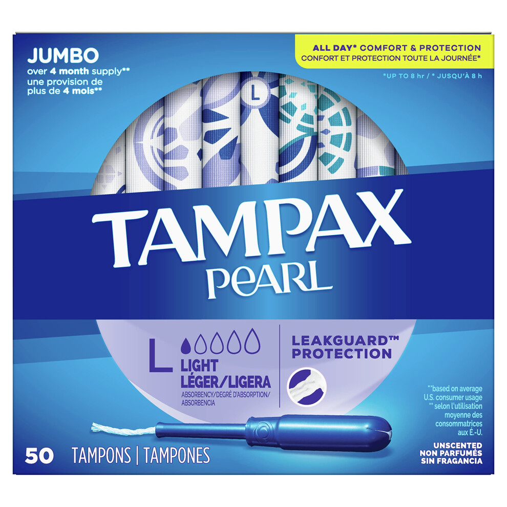 Tampax Pearl Tampons Light Absorbency with BPAFree Plastic Applicator and LeakGuard Braid  Unscented  50 Count