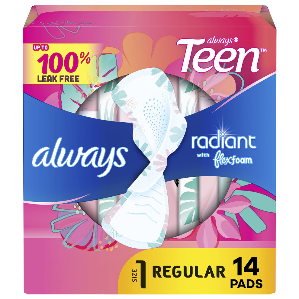 Always Radiant Teen Feminine Pads for Women  Size 1 Regular Absorbency  with Flexfoam  with Wings  Unscented  14 Count