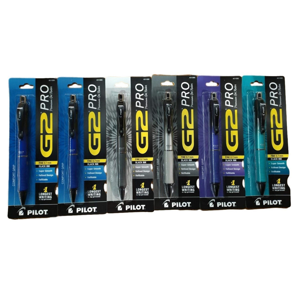 6 Pilot G2 Pro Retractable GelInk Rolling Ball Pen Black Ink  Fine Point 07mm  Turquoise  Gray  Blue  Silver  Purple Barr