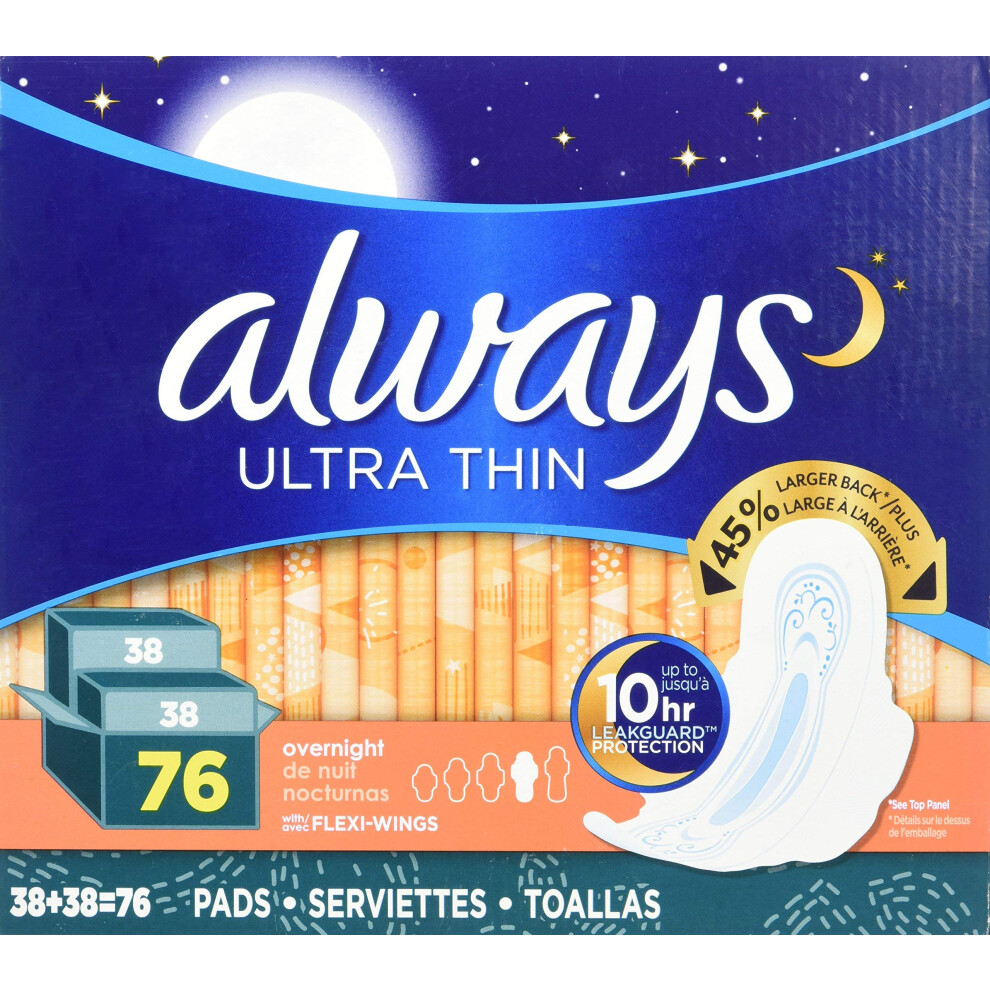 Always Ultra Thin Overnight Pads with Wings  Unscented  76 Count