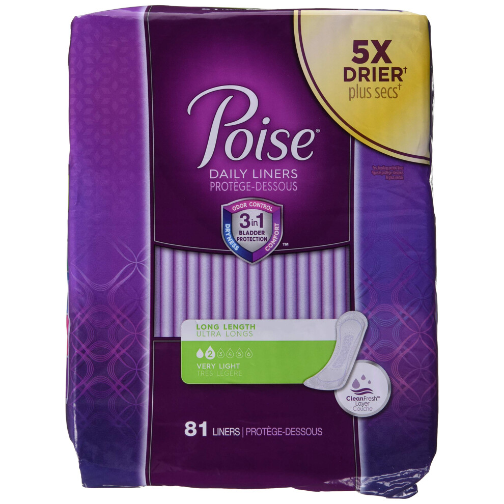 Poise Incontinence Panty Liners, Very Light Absorbency, Long, 81 Count, Long, 81 Count