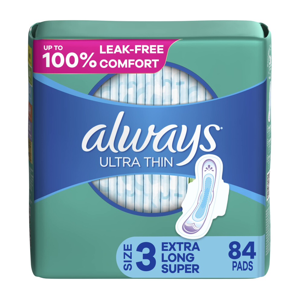 Always Ultra Thin Feminine Pads For Women  Size 3 Extra Heavy Long Absorbency  Multipack  With Wings  Unscented  28 Count x 3 Pa