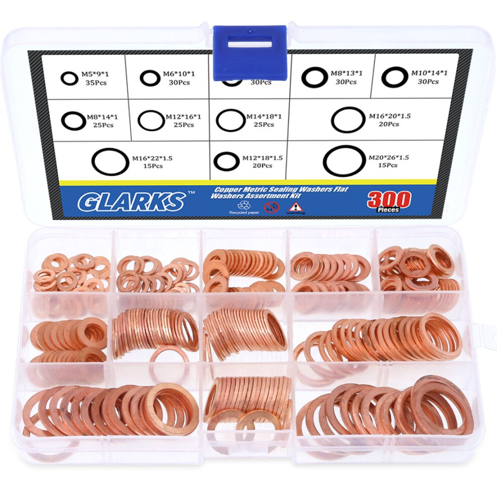 Glarks 300Pcs 12 Size Metric Flat Ring Copper Sealing Washers Assortment Set 682838484742
