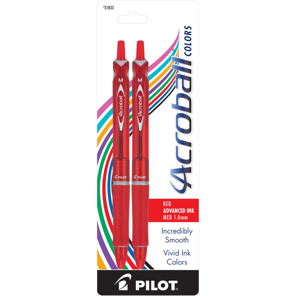 PILOT Acroball Colors Advanced Ink Refillable  Retractable Ball Point Pens  Medium Point  Red Ink  2Pack