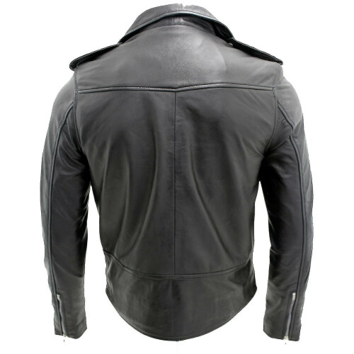 (L) Men's Black Brando Leather Biker Jacket Abc 2