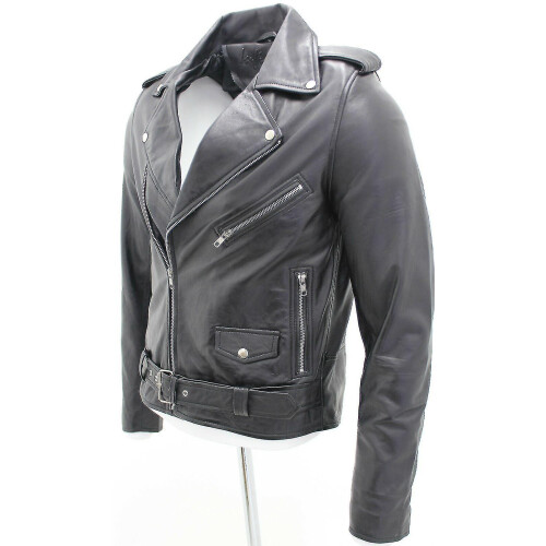 (L) Men's Black Brando Leather Biker Jacket Abc 1