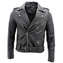 (L) Men's Black Brando Leather Biker Jacket Abc