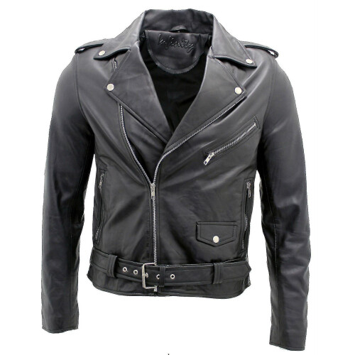 (L) Men's Black Brando Leather Biker Jacket Abc