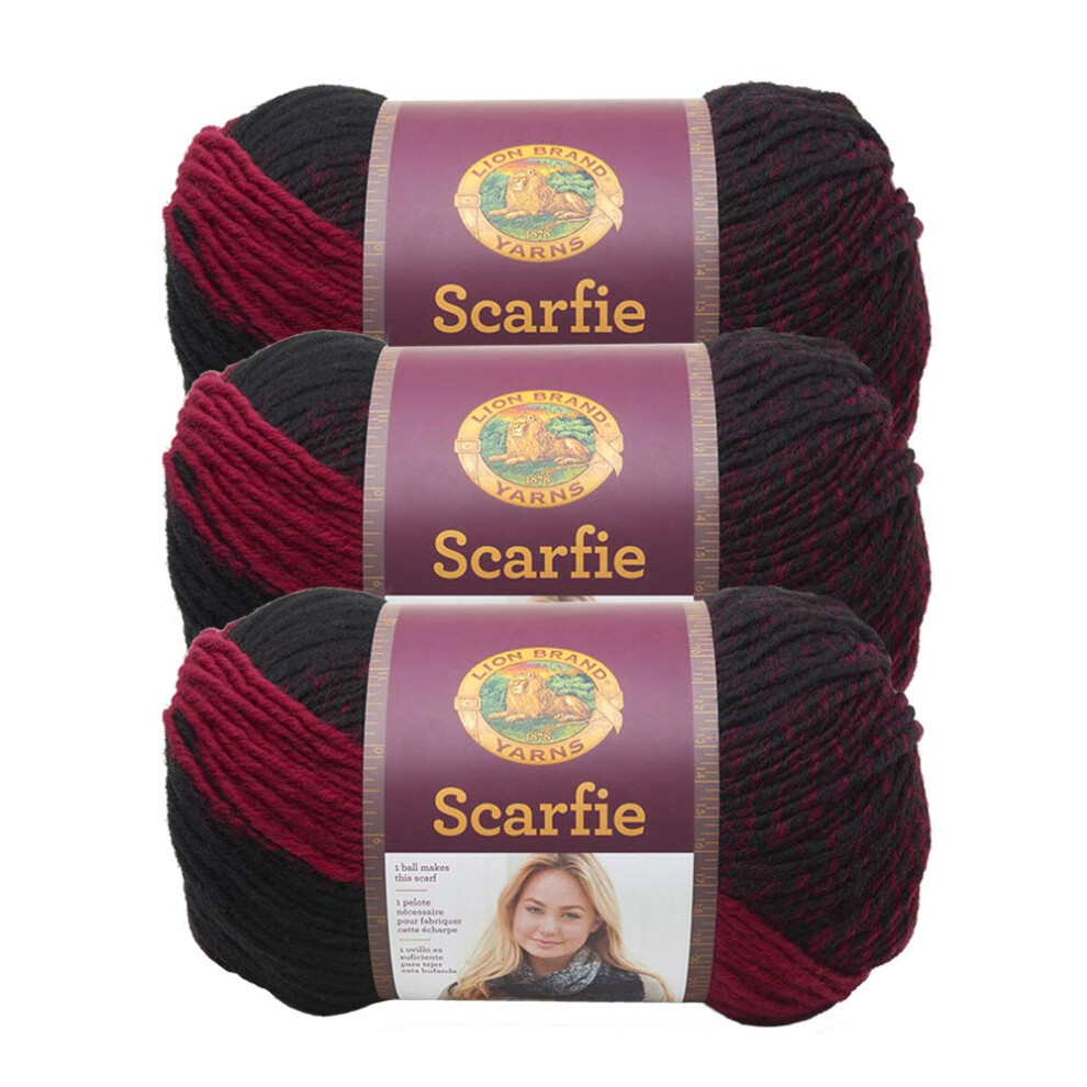 3 Pack Lion Brand Yarn Scarfie Bulky Yarn  CranberryBlack