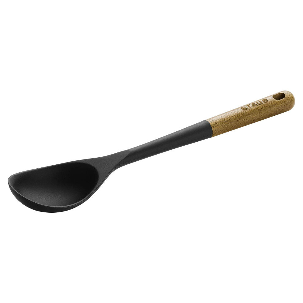 STAUB Serving Spoon  Great for Scooping Sides and Serving Hearty Stews  Durable BPAFree Matte Black Silicone  Acacia Wood Handl