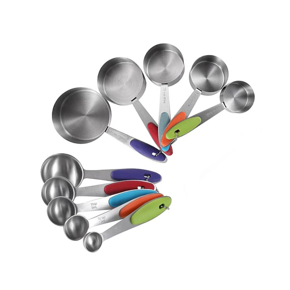 Family Essential 10 Piece Measuring Cups and Spoons Set with colored Silicone Handles 5 Measuring Cup and 5 Measuring Spoon