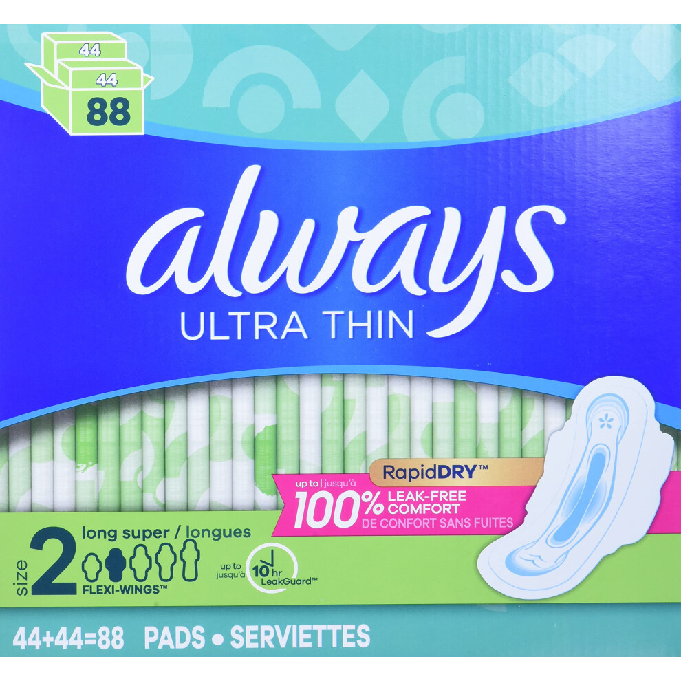 Always Ultra Thin Long Super Pads with Wings  Unscented  88 Count