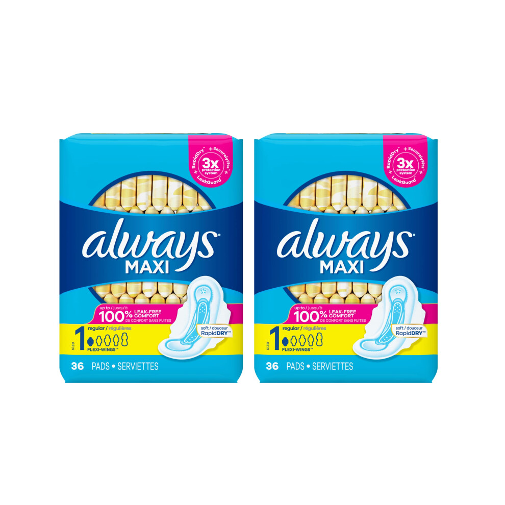 Always Maxi Size 1 Regular Pads for Women  with Wings  Unscented  36ct  Pack of 2 72 Count Total