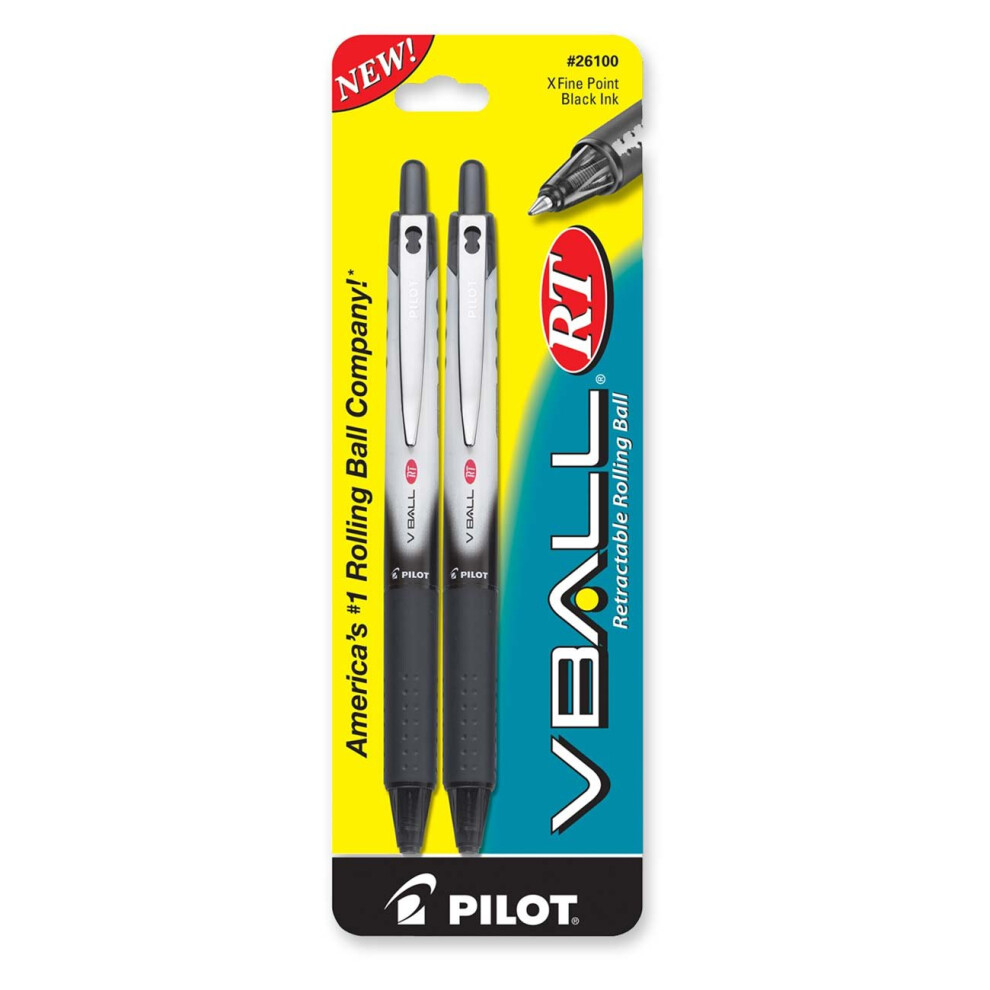 Pilot VBall RT Refillable  Retractable Liquid Ink Rolling Ball Pens  Extra Fine Point  Black Ink  2Pack 26100