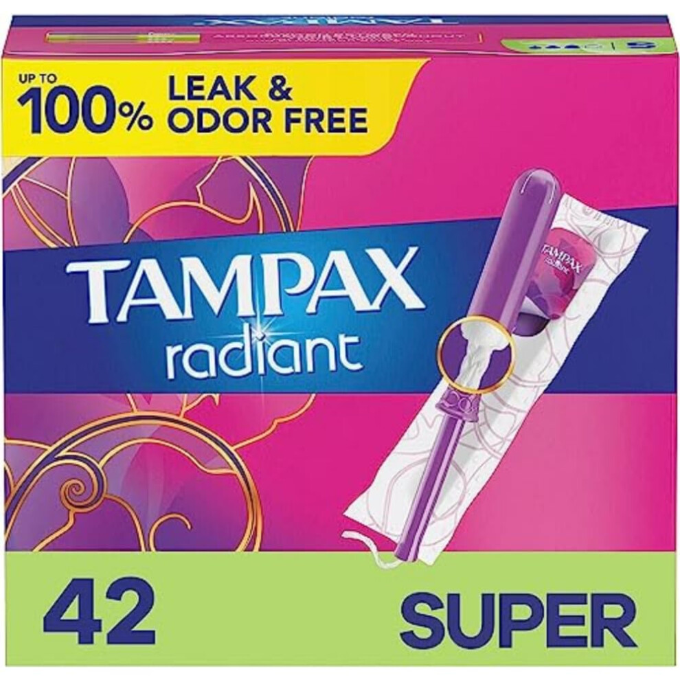 Tampax Radiant Tampons Super Absorbency with BPAFree Plastic Applicator and LeakGuard Braid  Unscented  42 Count