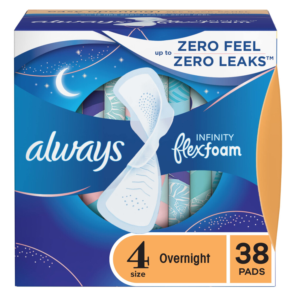 Always Infinity Feminine Pads for Women  Size 4 Overnight  with wings  unscented  38 Count