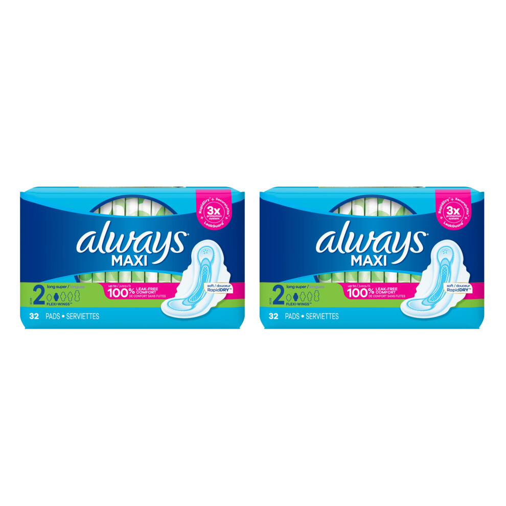 Always Maxi Unscented Pads with Wings  LongSuper 32 Count Pack of 2