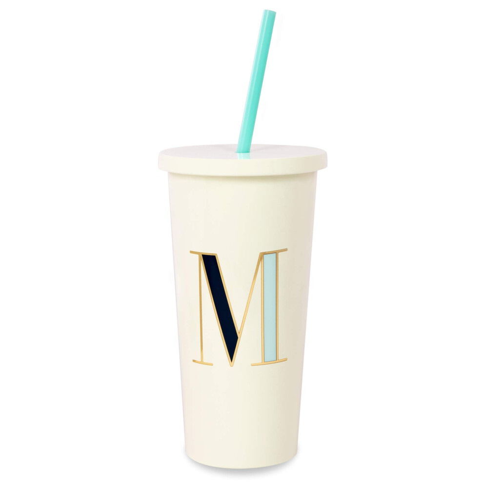 Kate Spade New York Insulated Initial Tumbler with Reusable Straw  20 Ounce Acrylic Travel Cup with Lid  M Blue