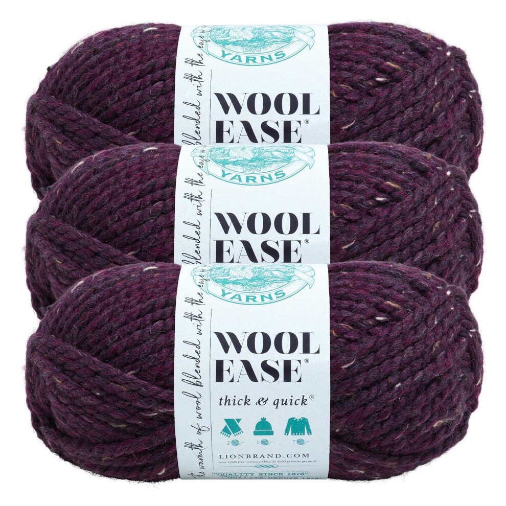 Lion Brand Yarn WoolEase Thick  Quick Yarn  Soft and Bulky Yarn for Knitting  Crocheting  and Crafting  3 Pack  Raisin