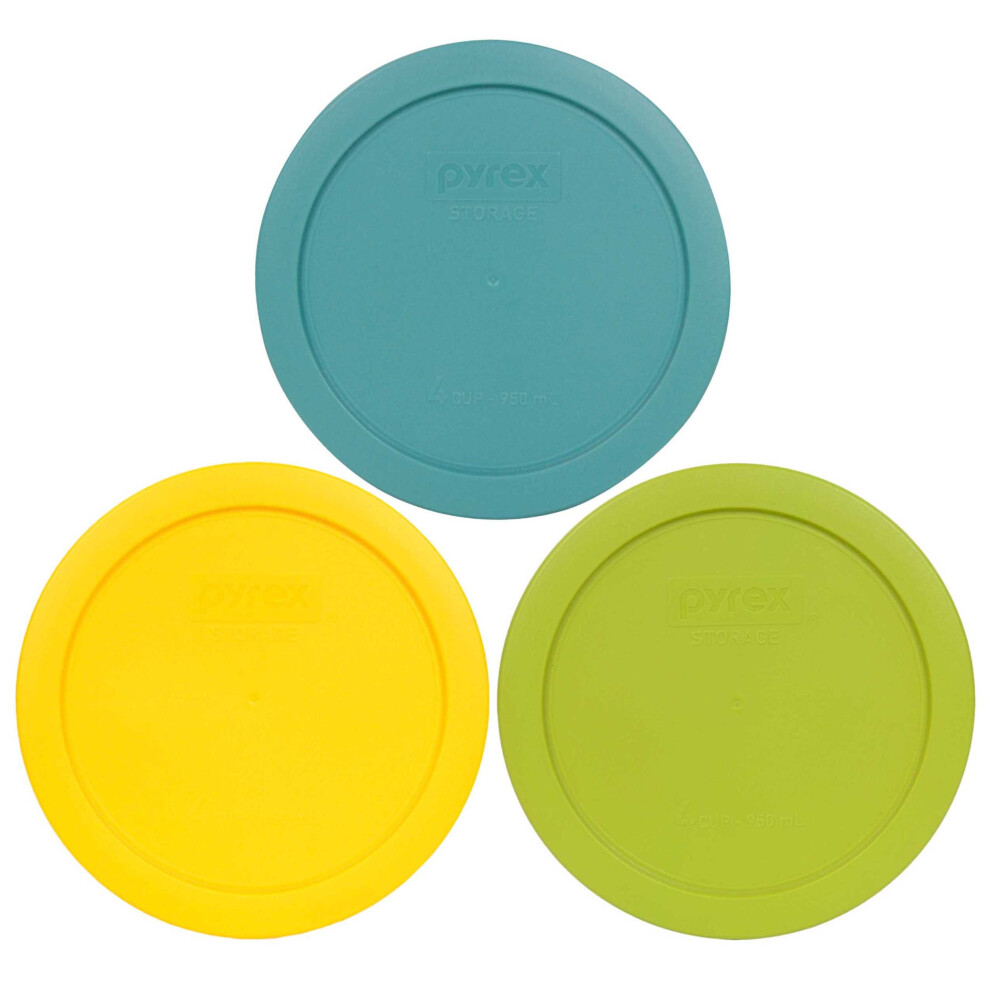 Pyrex 7201PC 4 Cup 1 Turquoise  1 Edamame Green   1 Meyer Yellow Round Plastic Storage Lid  Made in USA