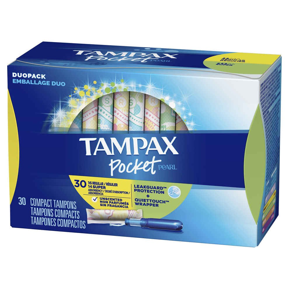 Tampax Pocket Pearl Plastic Tampons  Duopack RegularSuper Absorbency  Unscented  30 Count Packaging May Vary