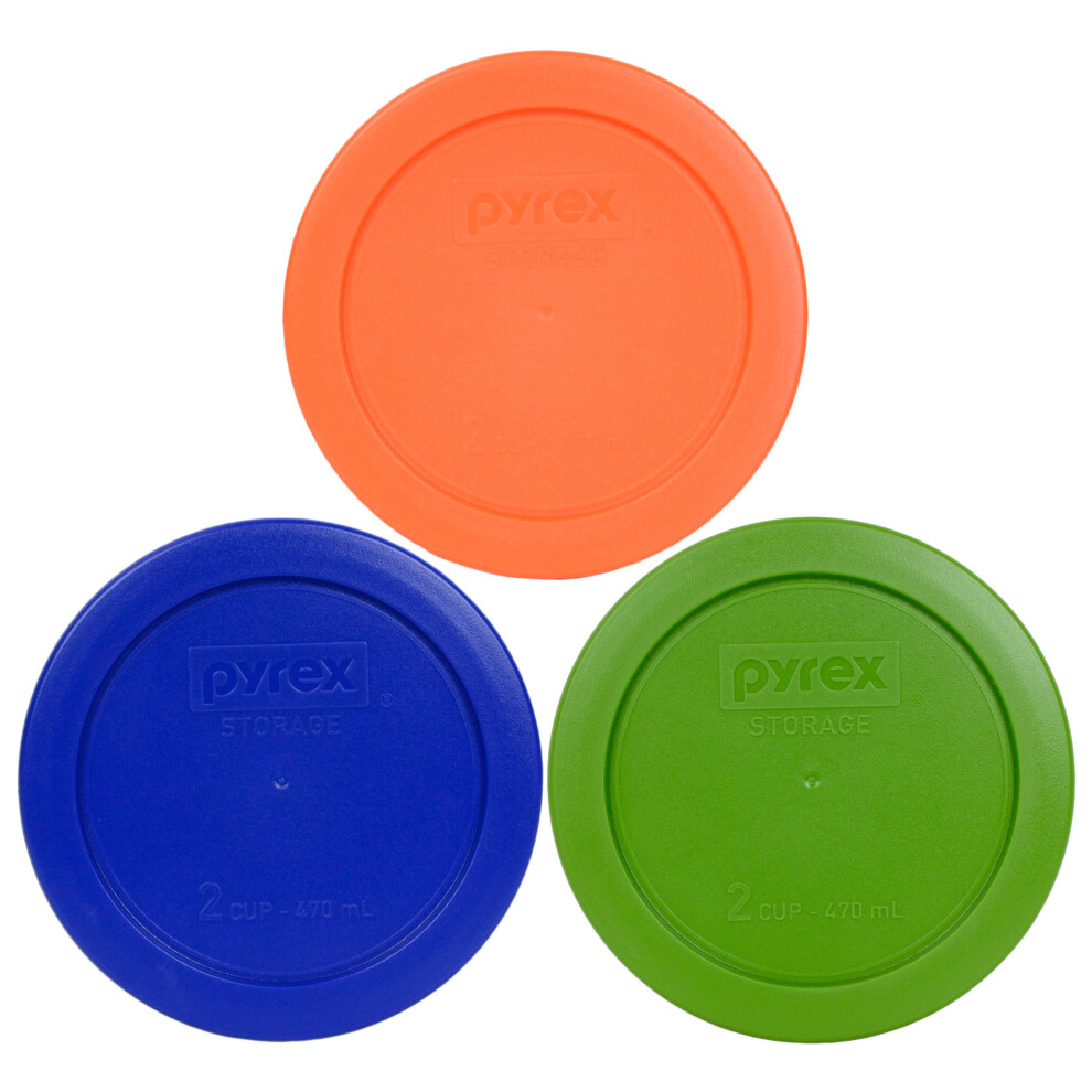 Pyrex 7200PC 2 Cup 1 Green  1 Orange  and 1 Cobalt Blue Round Plastic Lid  Made in USA