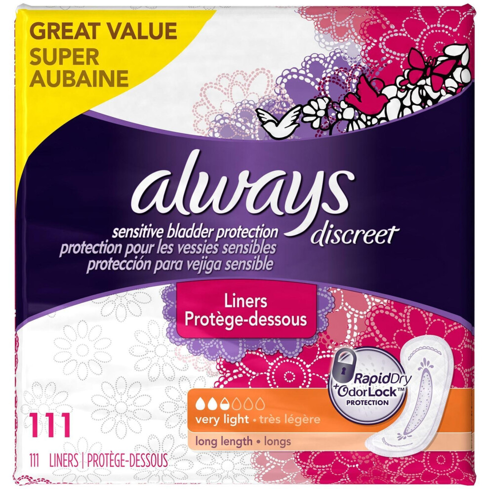 Always Discreet  Incontinence Liners  Very Light  Long Length  111 Count  111 Count