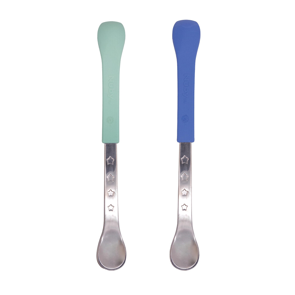 Nuby 2in1 Hot Safe Feeding Spoons  2Pack Spoons for Babies 6 Months  Blue and Aqua