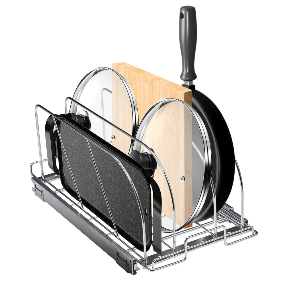 VEVOR Pan and Pot Rack, Expandable Pull Out Under Cabinet Organizer, Cookie Baking Pans tray Organization, Adjustable Wire Dividers, Steel Lid for Kit