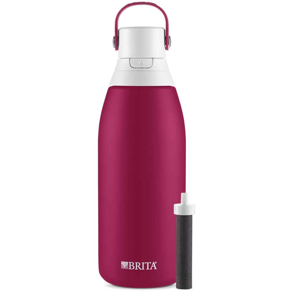 Brita Insulated Filtered Water Bottle with Straw  Reusable  Stainless Steel Metal  Ruby  32 Ounce