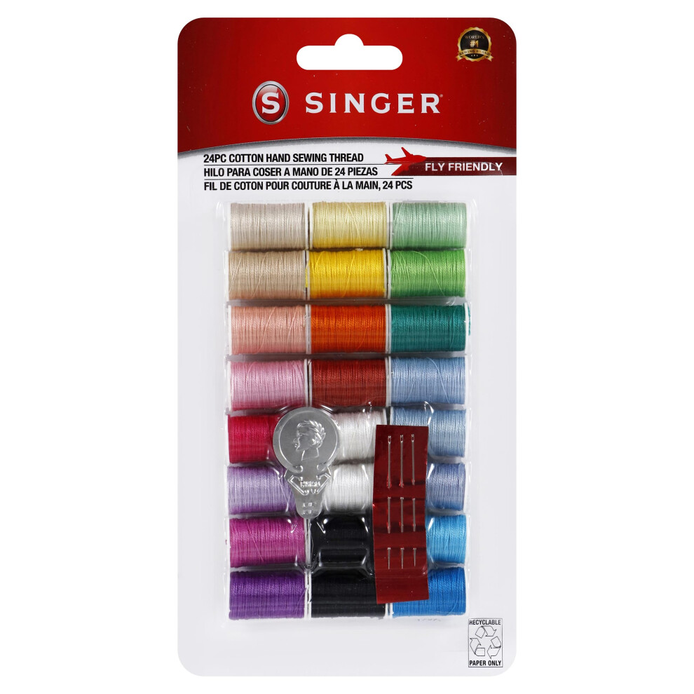 SINGER Mercerized Cotton Hand Sewing Thread Pack  24 Assorted Colors  10ydsea  Mini Spools of Thread  Includes Hand Needles