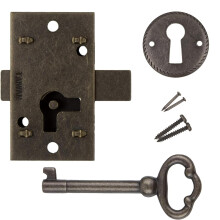 Small Antique Brass Flush Mount Cabinet Door Lock with Key  1 Wide x 1 34 High  Vintage Lock and Key for Furniture Doors