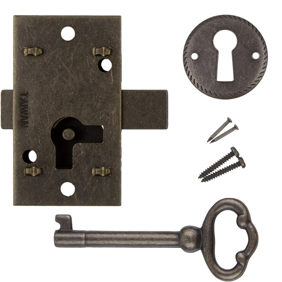 Small Antique Brass Flush Mount Cabinet Door Lock with Key  1 Wide x 1 34 High  Vintage Lock and Key for Furniture Doors