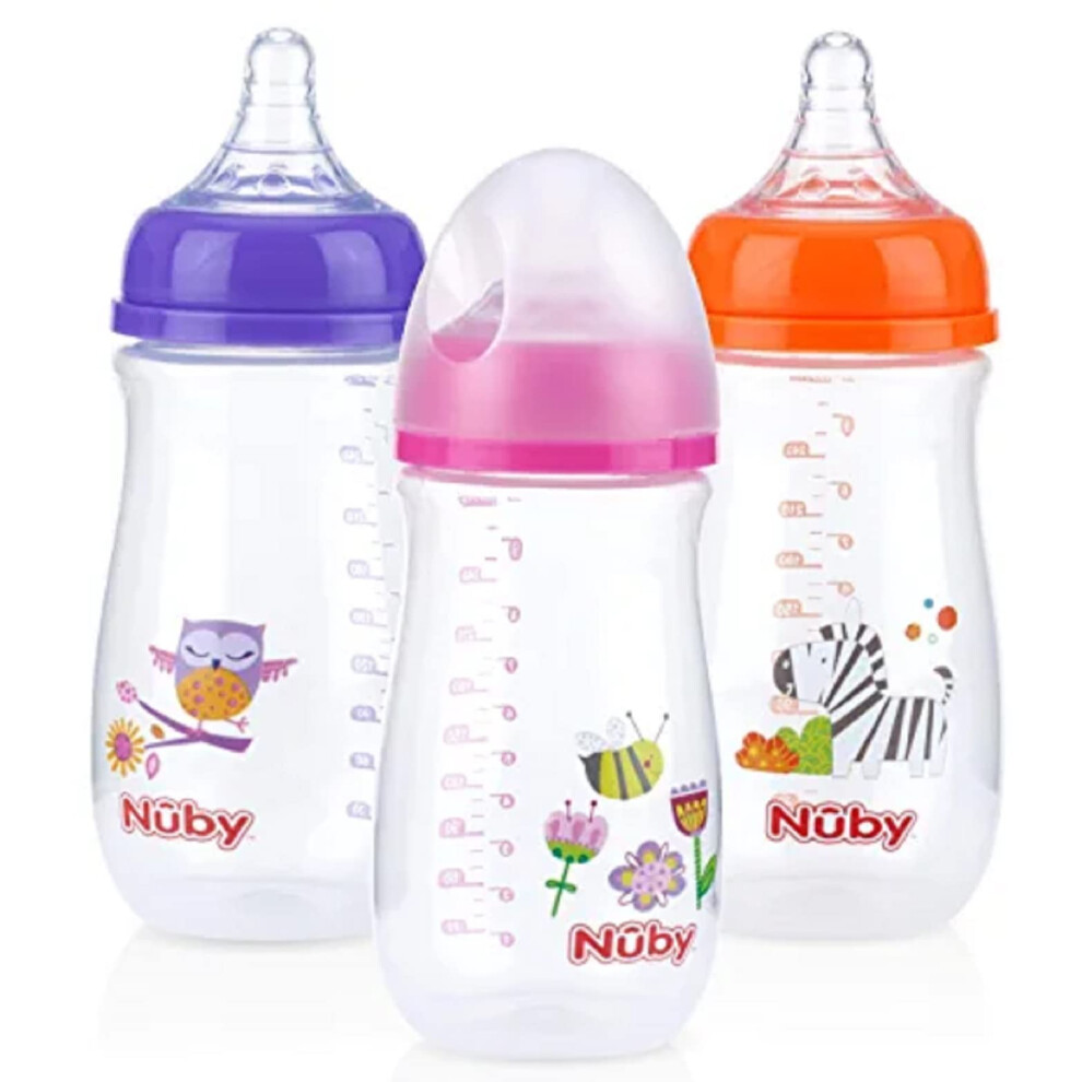 Nuby Tritan Wide Neck NonDrip Bottles with AntiColic Air System 9oz 270 Ml  3 Pack  0M  PurplePinkOrange