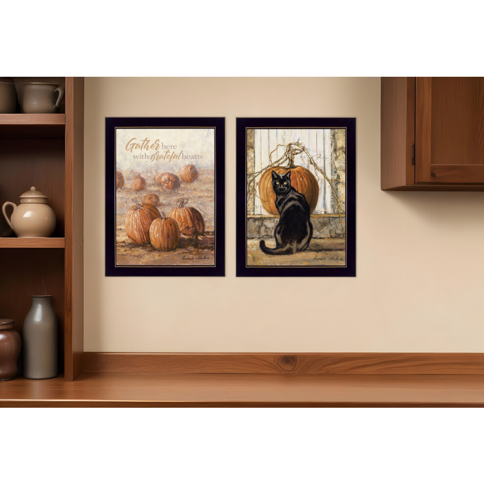 Ensemble de deux citrouilles avec un chat noir, impression encadr?e noire, art mural